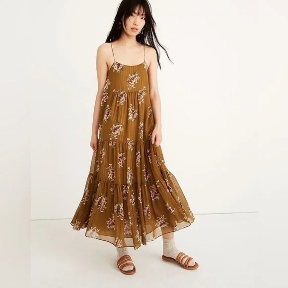 💗 Madewell Cami Tier Floral Olive Midi Dress | Size 2 - Picture 8 of 10